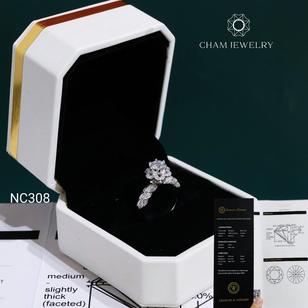 Nhẫn NC308 CHAM JEWELRY, Đá Moissanite C&C Chủ 5.4mm (Barcode OCNN133)