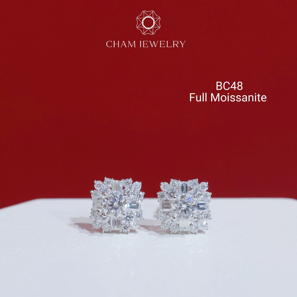 Hoa Tai CHAM JEWELRY BC48, Full Moissanite Chủ 3.6mm (Barcode OTB01)