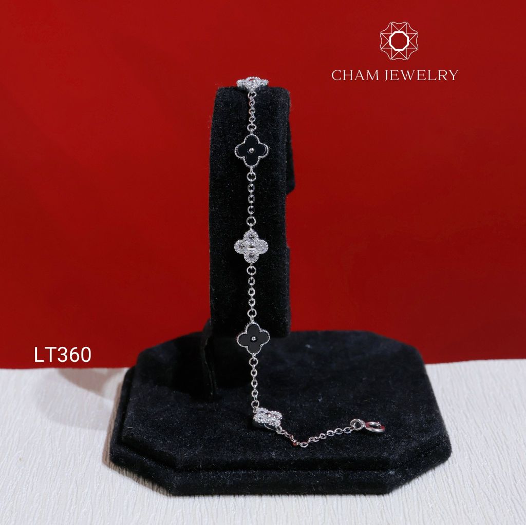 Lắc Tay LT360 CHAM JEWELRY , Lắc Cỏ 4 Lá Đen Trắng Bản 8.0mm (Barcode TLT1542).