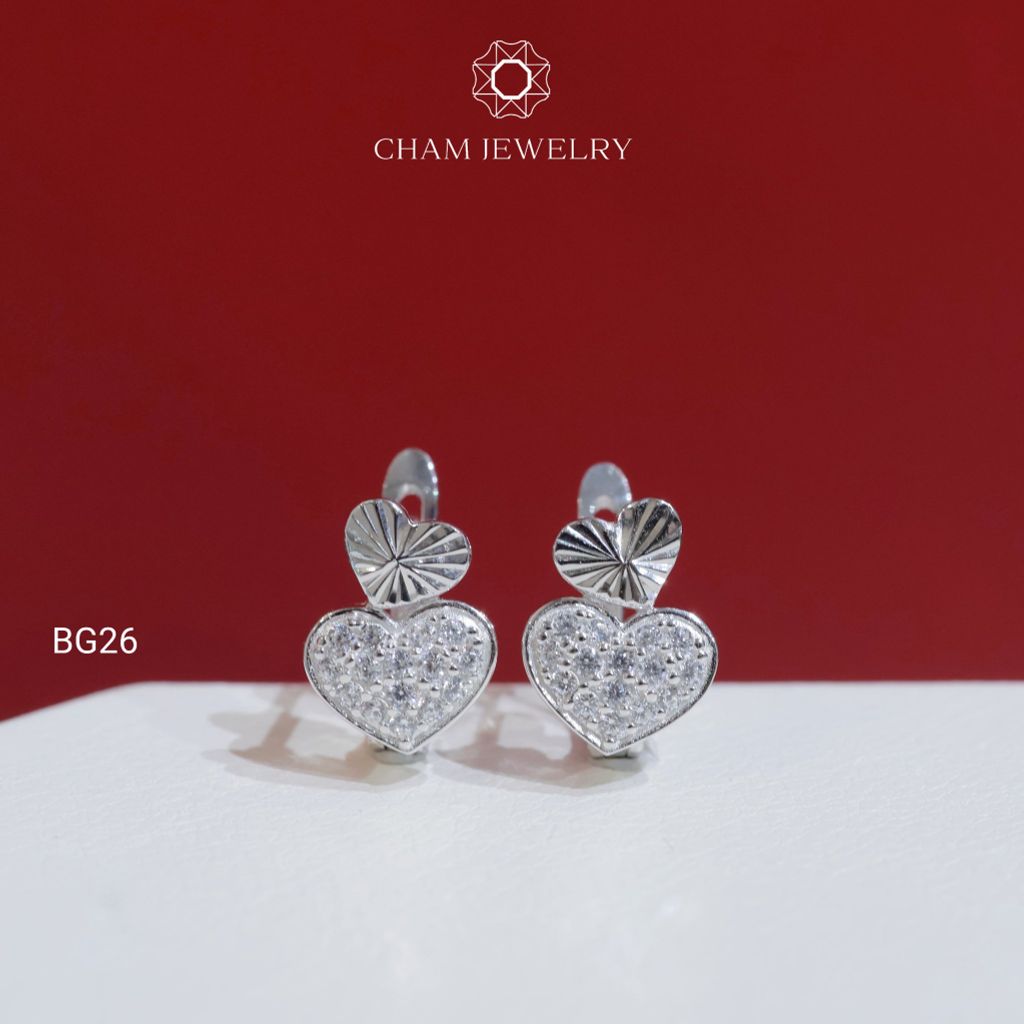 Hoa Tai BG26 CHAM JEWELRY, Hoa Tai Trái Tim Full Đá Tấm 1.25mm (Barcode TBG1041).