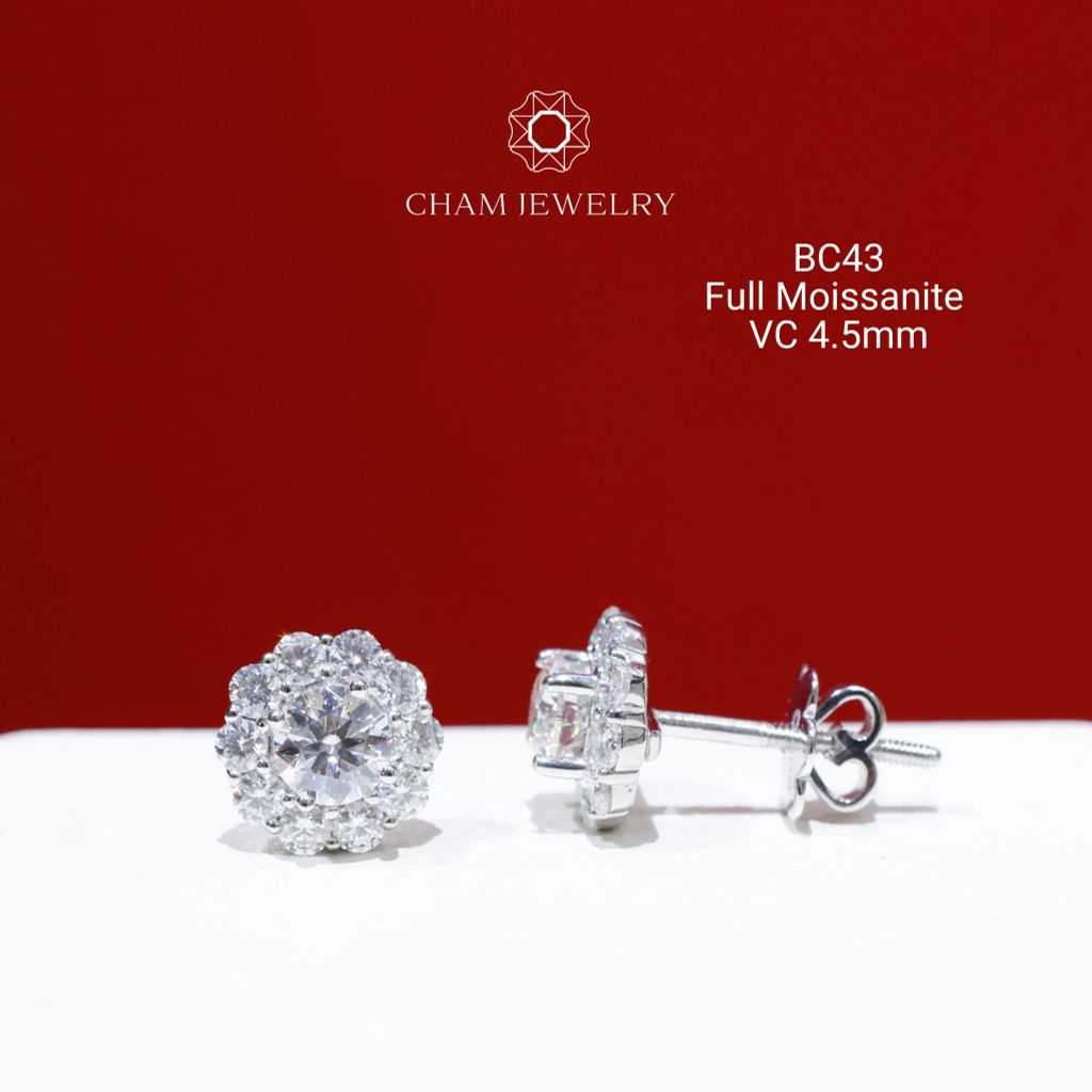 Hoa Tai CHAM JEWELRY BC43, Full Moissanite Chủ 4.5mm (Barcode OB08)