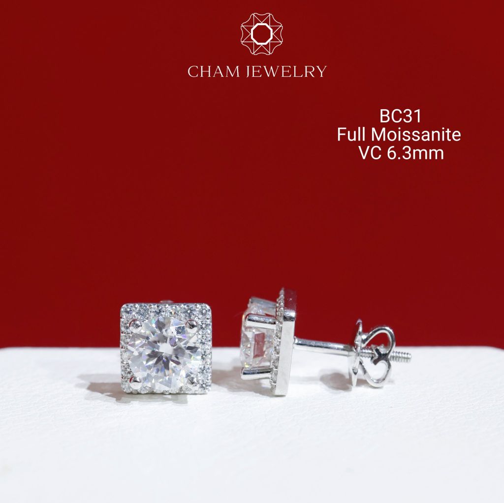 Hoa Tai CHAM JEWELRY BC31, Full Moissanite Chủ 6.3mm (Barcode OB65)