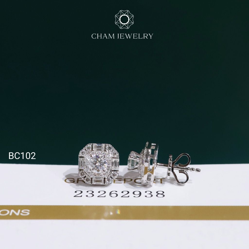 Hoa Tai BC102 CHAM JEWELRY, Hoa Tai Full Đá Moissanite Chủ 4.0mm (Barcode OCB16)