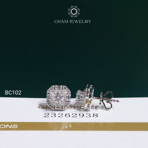 Hoa Tai BC102 CHAM JEWELRY, Hoa Tai Full Đá Moissanite Chủ 4.0mm (Barcode OCB16)