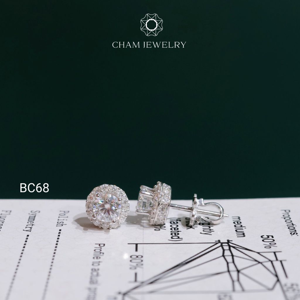 Hoa Tai CHAM JEWELRY BC68, Hoa Tai Halo Tròn Full Moissanite Chủ 5.0mm (Barcode TVM160)