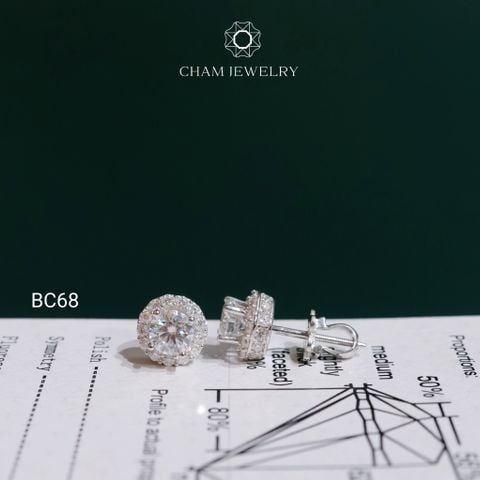 Hoa Tai CHAM JEWELRY BC68, Hoa Tai Halo Tròn Full Moissanite Chủ 5.0mm (Barcode TVM160)