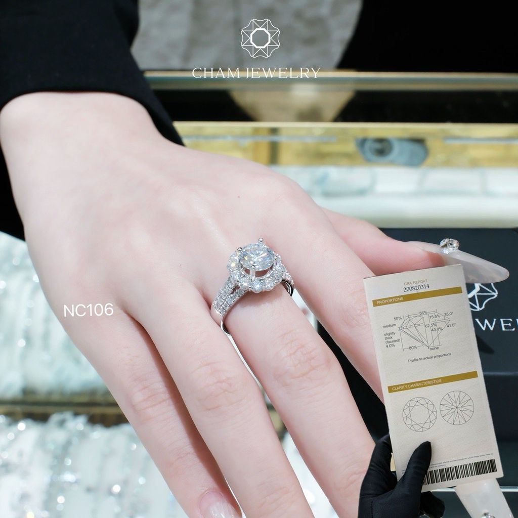 Nhẫn NC106 CHAM JEWELRY, Full Đá Moissanite, Chủ 7.5mm (Barcode TVM113)
