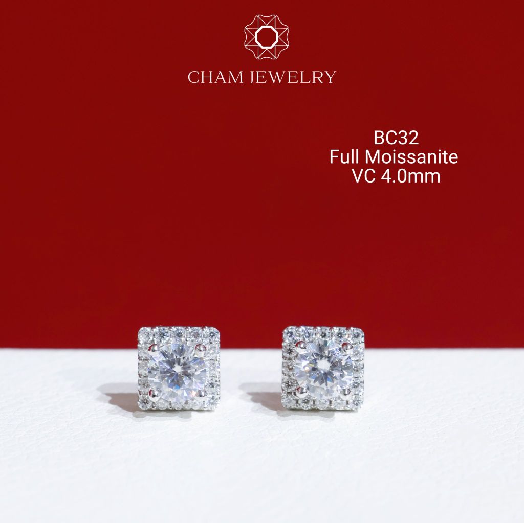 Hoa Tai CHAM JEWELRY BC32, Full Moissanite Chủ 4.0mm (Barcode OB64)