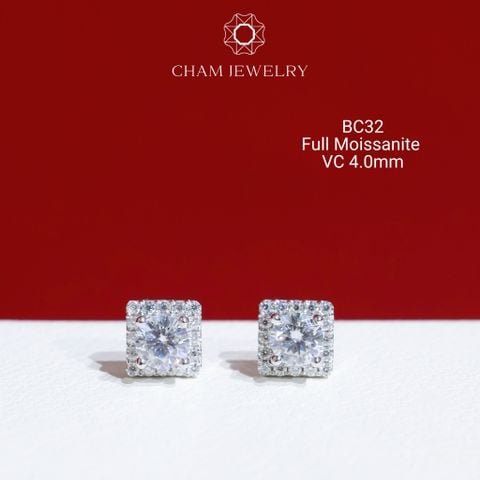 Hoa Tai CHAM JEWELRY BC32, Full Moissanite Chủ 4.0mm (Barcode OB64)