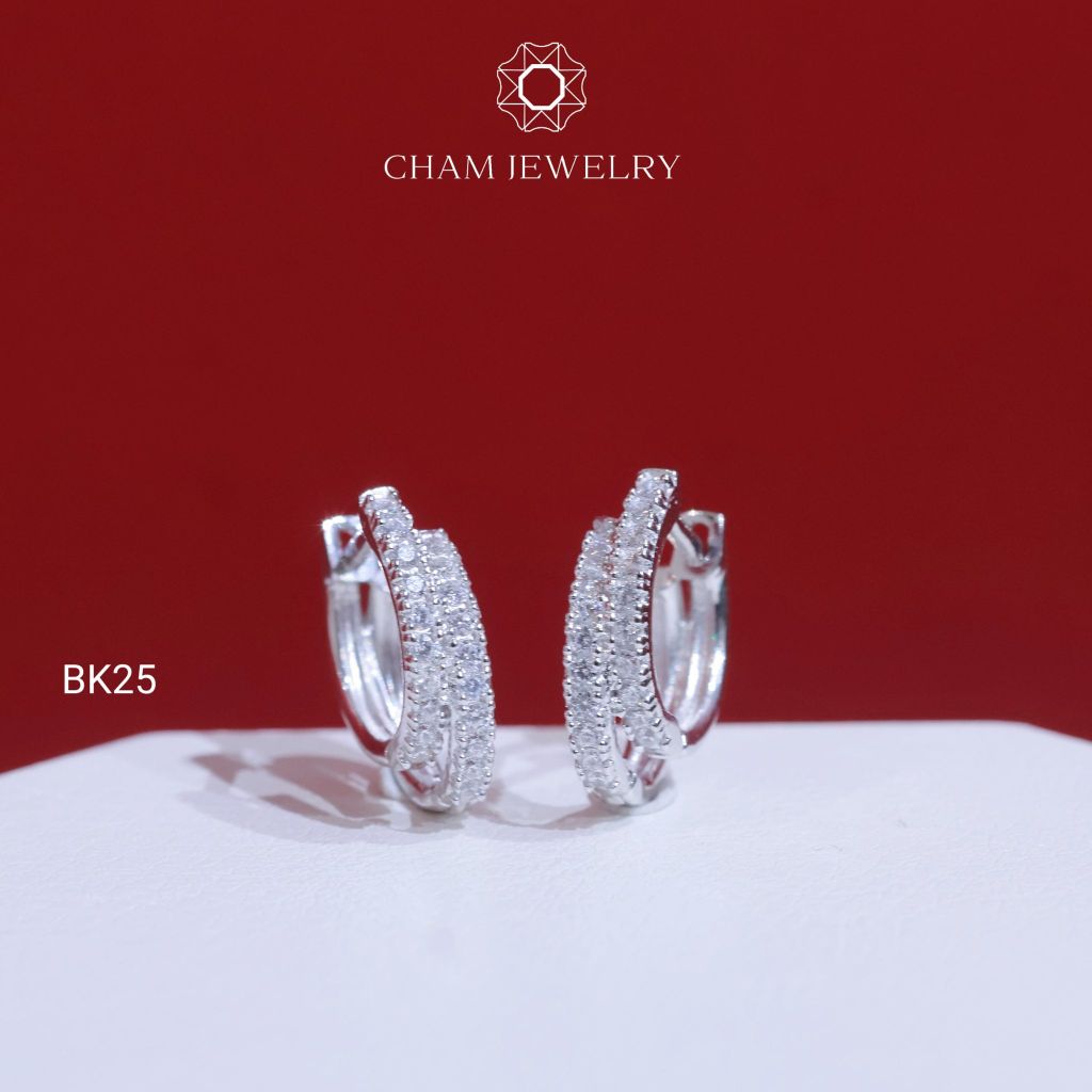 Hoa Tai CHAM JEWERLY BK25, Hoa Tai 2 Hàng Đá Lệch (Barcode TBK103)