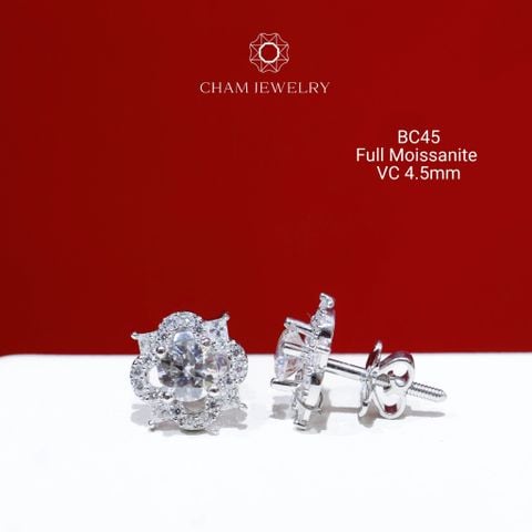 Hoa Tai CHAM JEWELRY BC45, Full Moissanite Chủ 4.5mm (Barcode OB02)