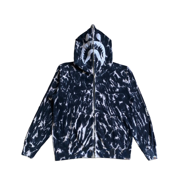 BAPE NAVY & WHITE TIE-DYE SHARK ZIP HOODIE 