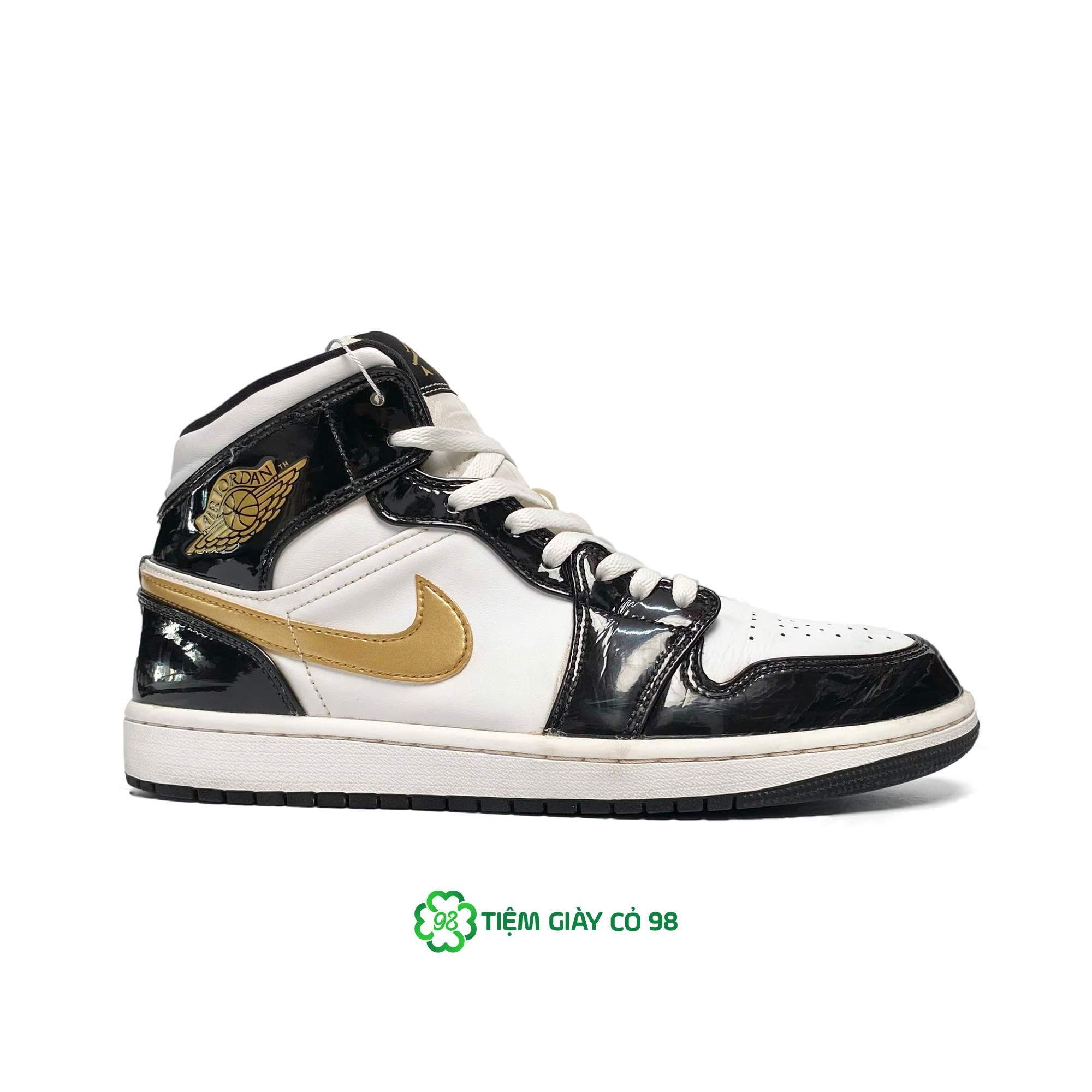 NIKE AIR JORDAN 1 MID PATENT BLACK GOLD 852542-007 