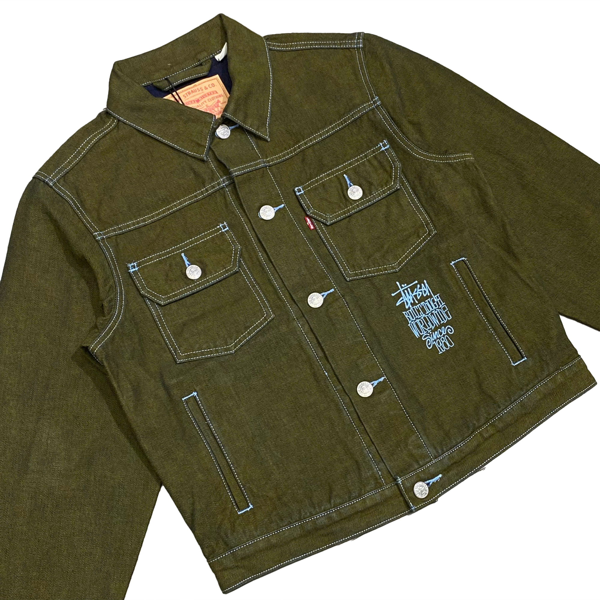  STUSSY X LEVI'S CRISPY RINSE TRUCKER JACKET GREEN 