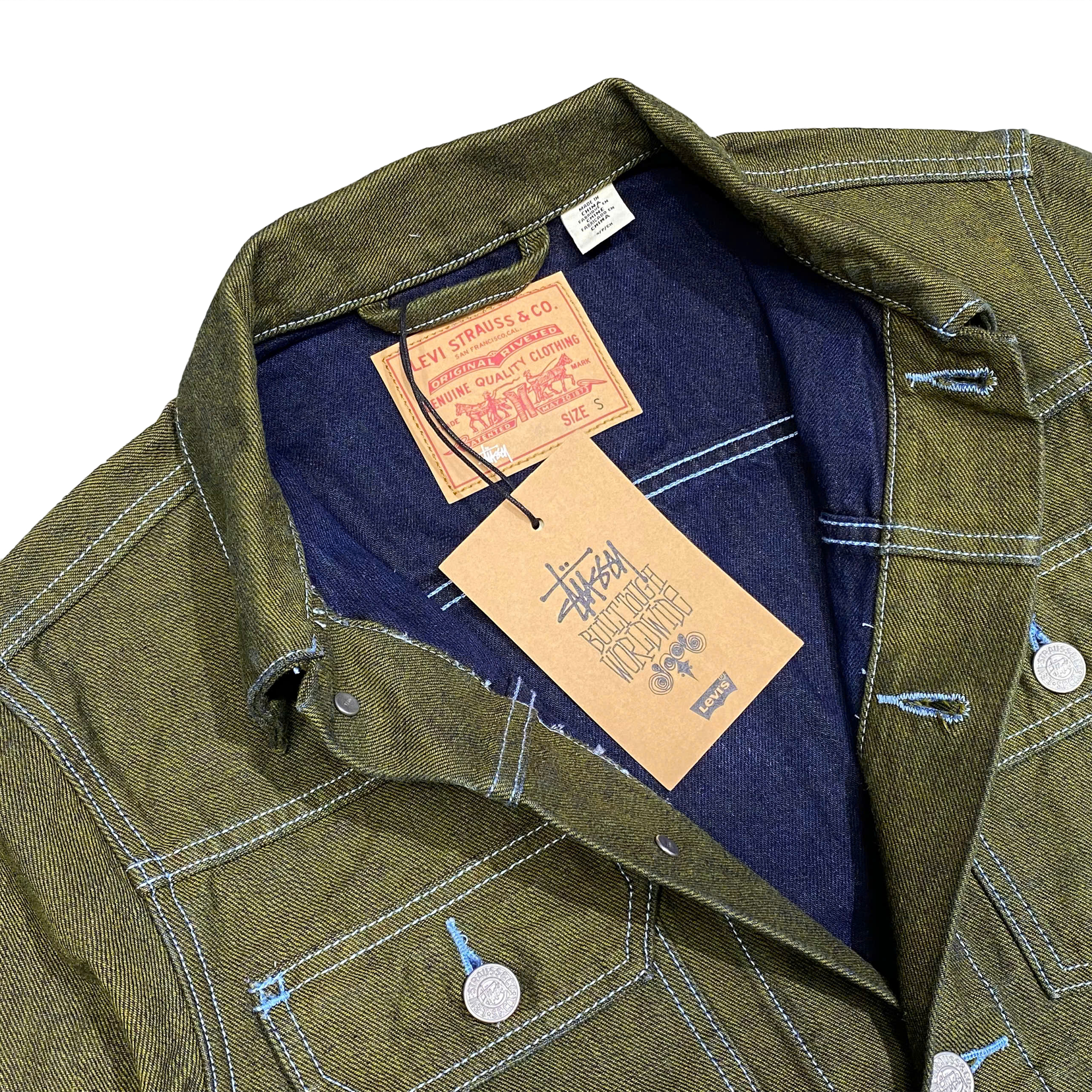  STUSSY X LEVI'S CRISPY RINSE TRUCKER JACKET GREEN 