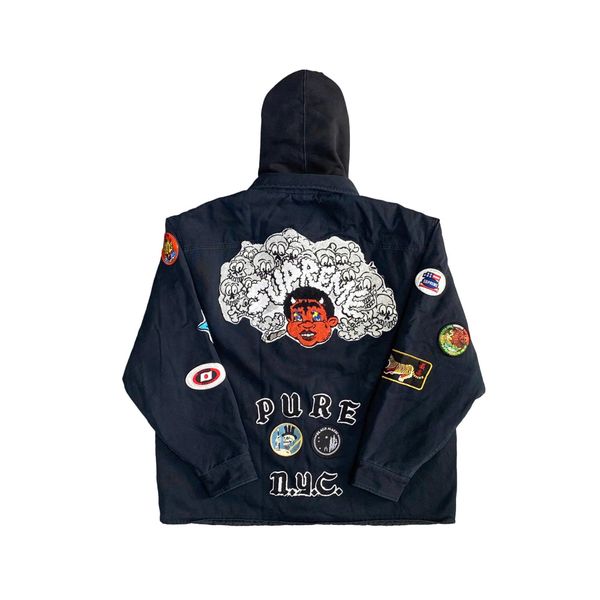  SUPREME PATCHES HOODED ZIP UP SHIRT BLACK 