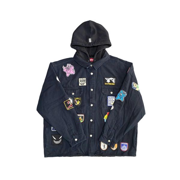  SUPREME PATCHES HOODED ZIP UP SHIRT BLACK 