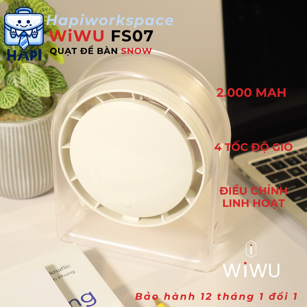  Quạt để bàn WiWU Snow Small Hurricane 2000mAh Wi-FS07: Quạt mini tích điện, điều chỉnh góc độ 