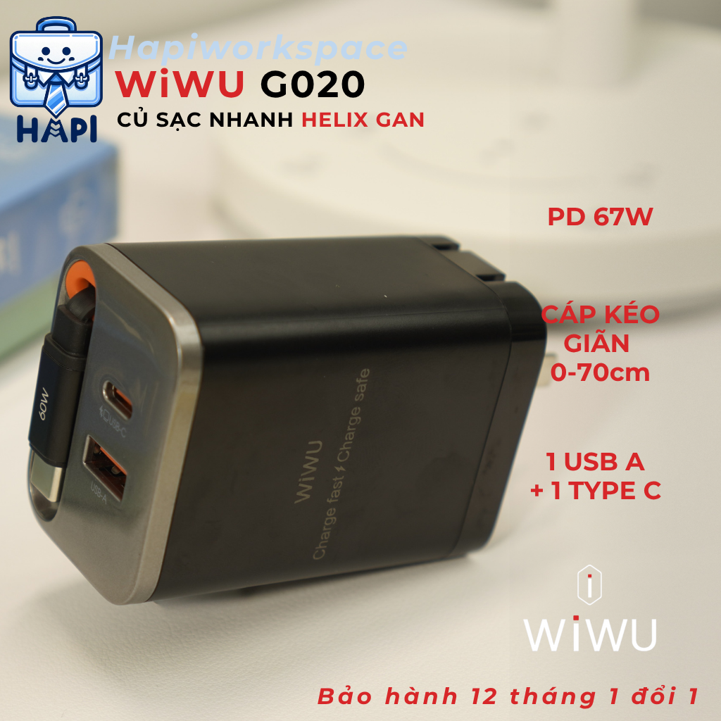  Củ sạc nhanh GaN WiWU Helix 67W tích hợp cáp rút Type-C 
