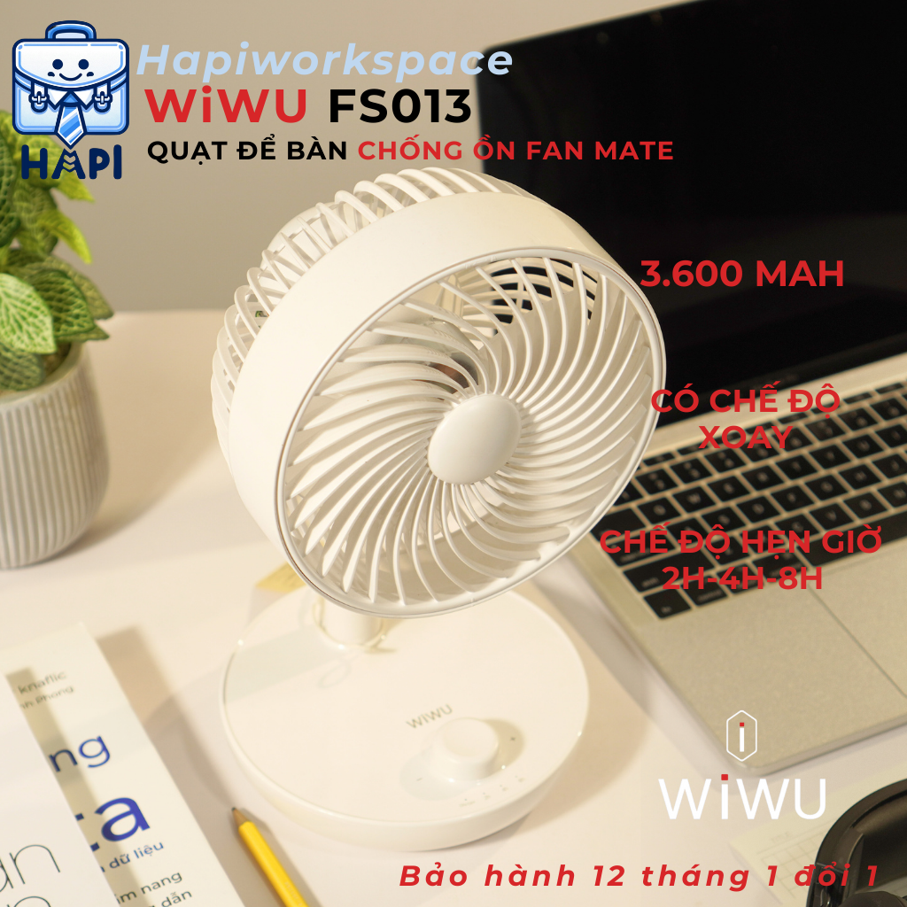  Quạt Mini Tích Điện WiWU FAN MATE Wi-FS013: Tự động xoay 120 độ, 4 cấp gió, chế độ hẹn giờ 