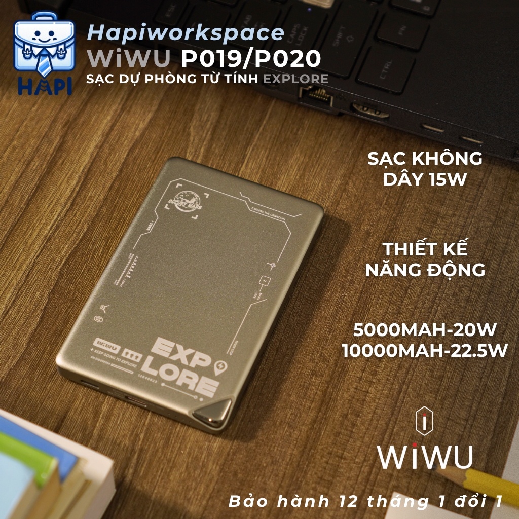  Sạc dự phòng từ tính WiWU Explore 5.000/10.000mAh, siêu mỏng, sạc không dây 15W, LED độc lạ 