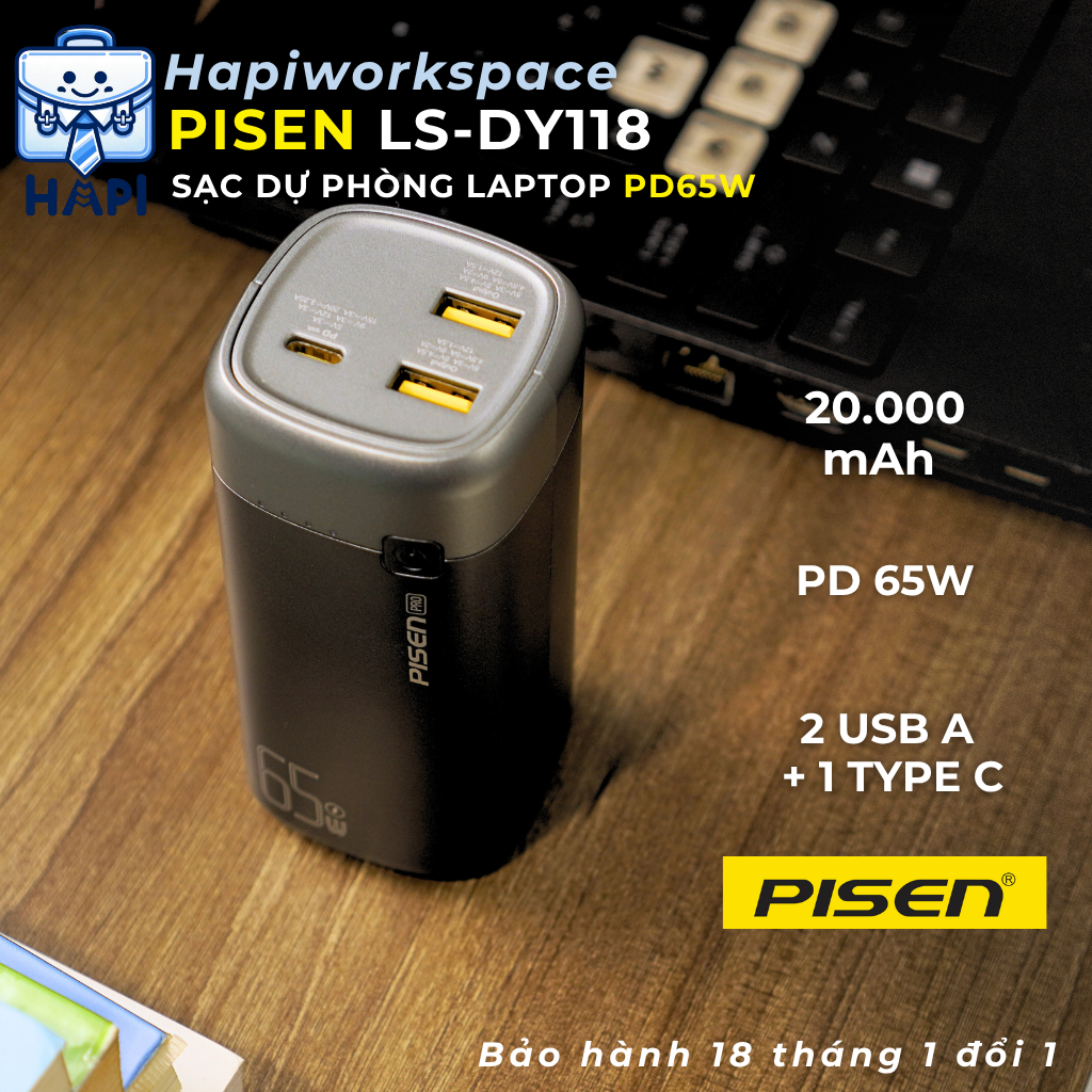  Sạc dự phòng Pisen Pro PD65 20.000mAh nhỏ gọn, sạc được Laptop 