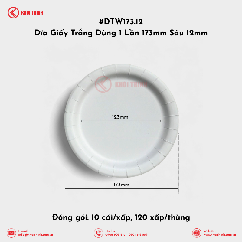  DWT173.12 Dĩa Giấy Trắng Dùng 1 Lần 173mm Sâu 12mm | Khôi Thịnh 