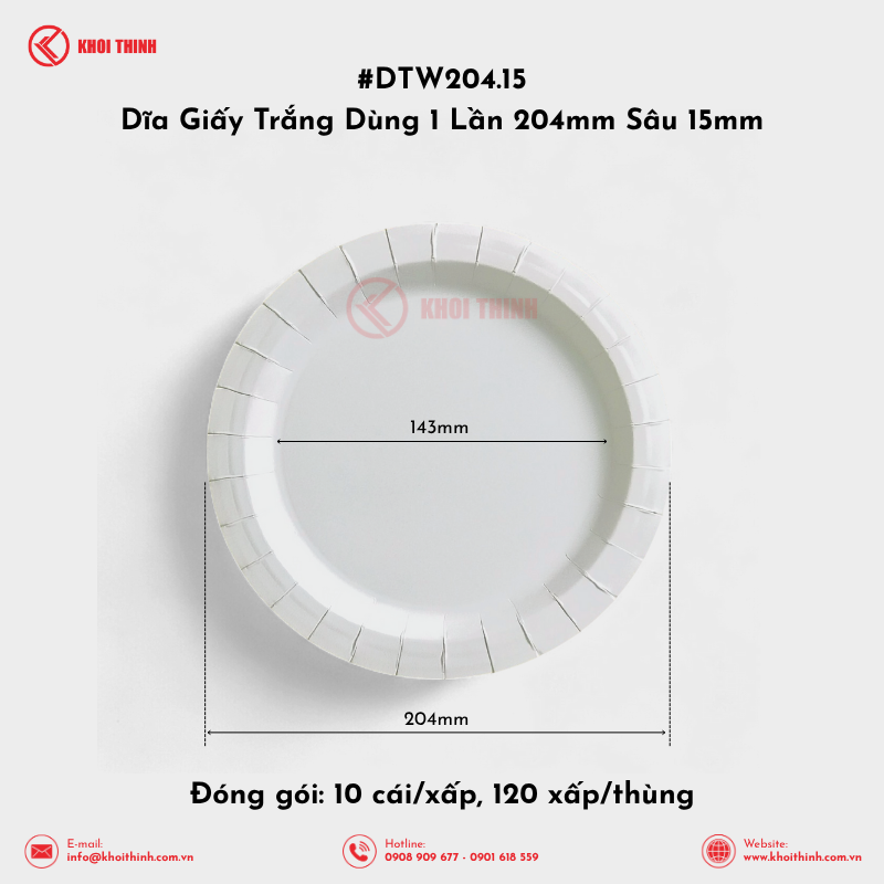  DTW204.15 Dĩa Giấy Trắng Dùng 1 Lần 204mm Sâu 15mm | Khôi Thịnh 