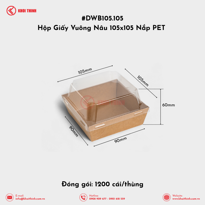  DWB105.105 Hộp Giấy Vuông Nâu 105x105 Nắp PET | Khôi Thịnh 