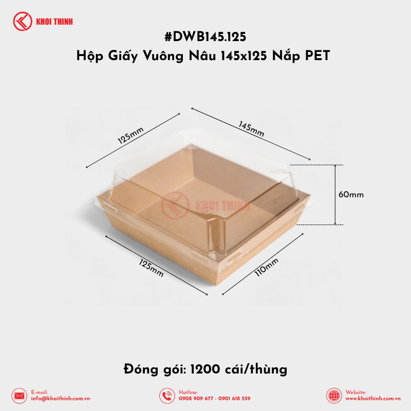  DWB145.125 Hộp Giấy Vuông Nâu 145x125 Nắp PET | Khôi Thịnh 