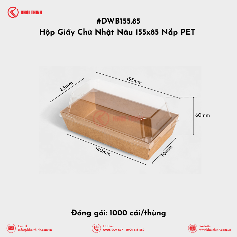  DWB155.85 Hộp Giấy Chữ Nhật Nâu 155x85 Nắp PET | Khôi Thịnh 