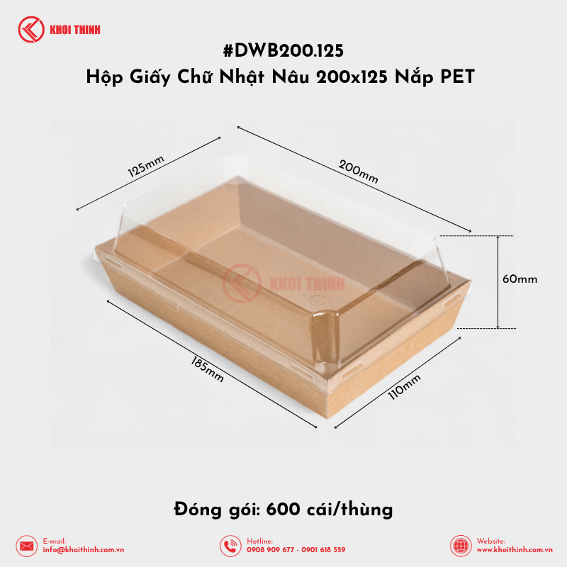  DWB200.125 Hộp Giấy Chữ Nhật Nâu 200x125 Nắp PET | Khôi Thịnh 