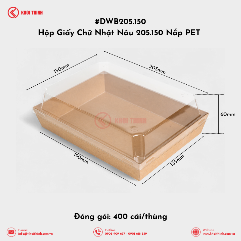  DWB205.150 Hộp Giấy Chữ Nhật Nâu 205.150 Nắp PET | Khôi Thịnh 