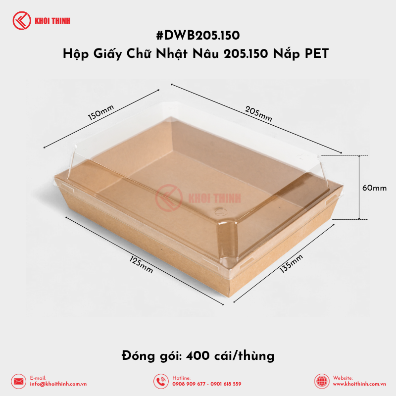  DWB205.150 Hộp Giấy Chữ Nhật Nâu 205.150 Nắp PET | Khôi Thịnh 