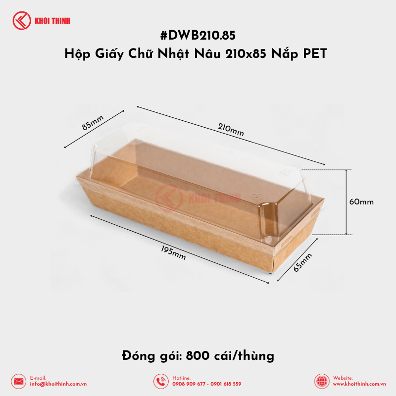 DWB210.85 Hộp Giấy Chữ Nhật Nâu 210x85 Nắp PET | Khôi Thịnh 