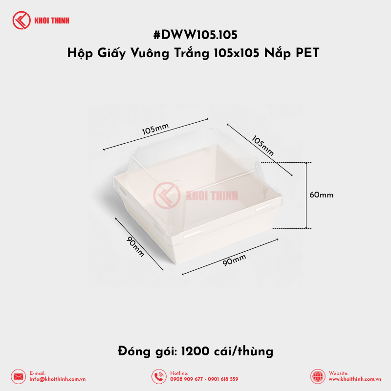  DWW105.105 Hộp Giấy Vuông Trắng 105x105 Nắp PET | Khôi Thịnh 
