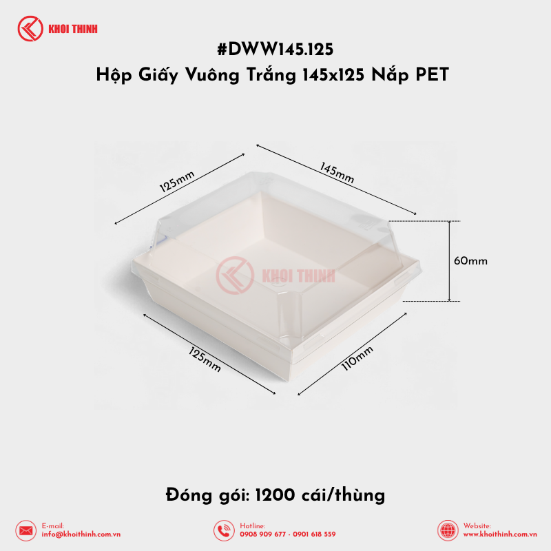  DWW145.125 Hộp Giấy Vuông Trắng 145x125 Nắp PET | Khôi Thịnh 