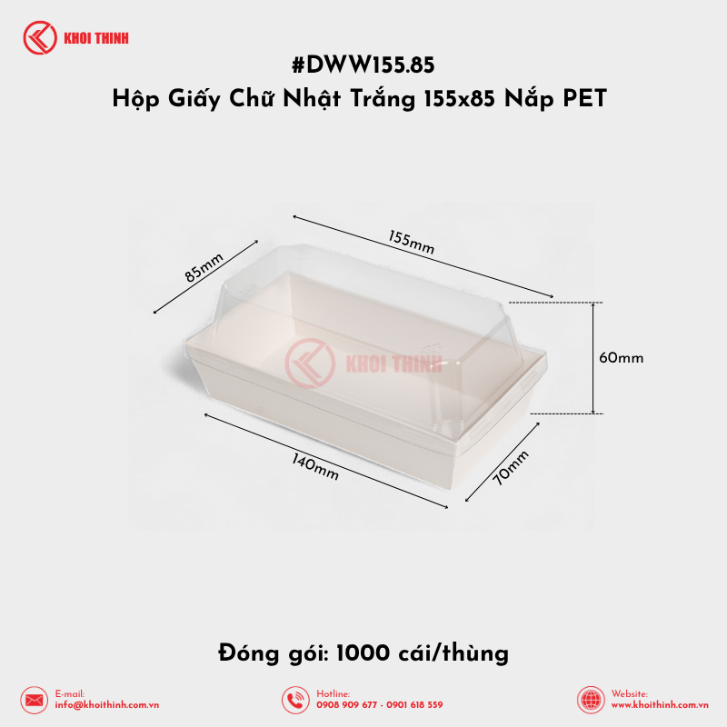  DWW155.85 Hộp Giấy Chữ Nhật Trắng 155x85 Nắp PET | Khôi Thịnh 
