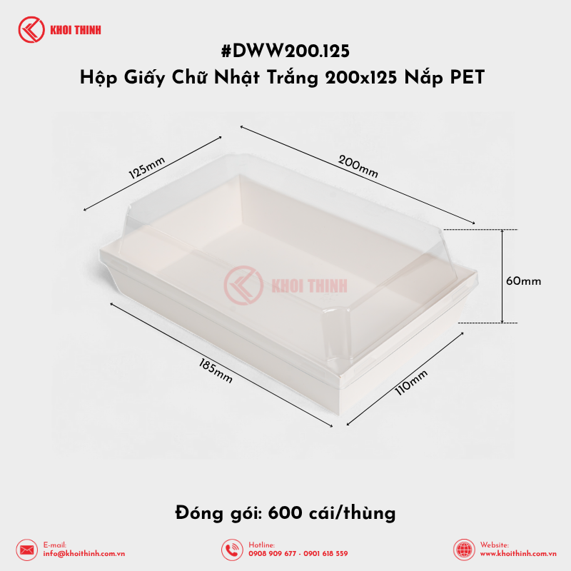  DWW200.125 Hộp Giấy Chữ Nhật Trắng 200x125 Nắp PET | Khôi Thịnh 