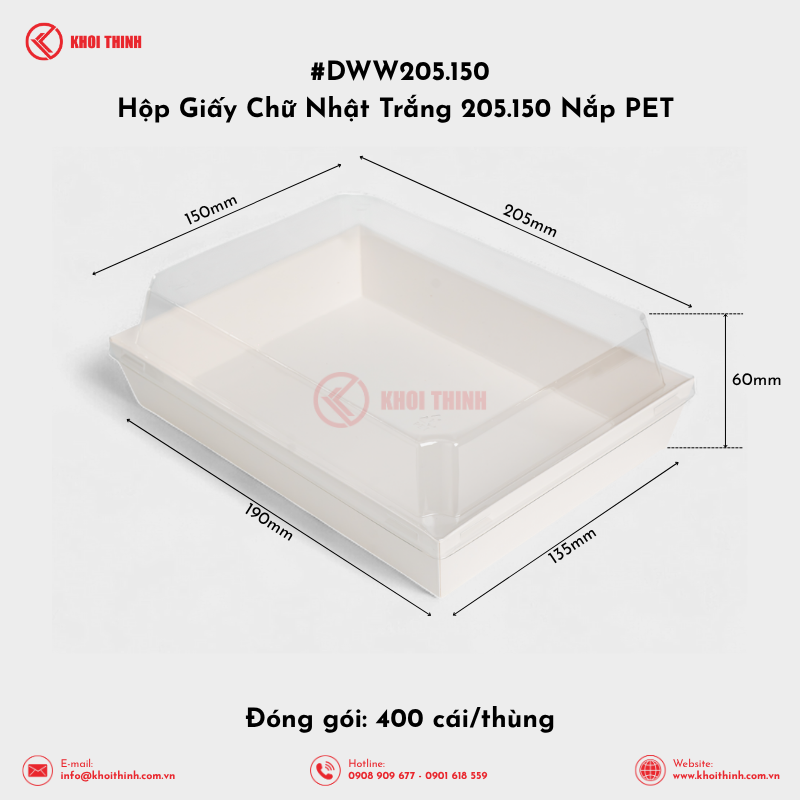  DWW205.150 Hộp Giấy Chữ Nhật Trắng 205.150 Nắp PET | Khôi Thịnh 