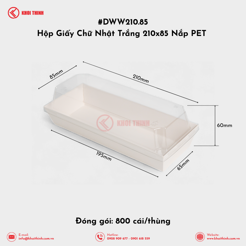 DWW210.85 Hộp Giấy Chữ Nhật Trắng 210x85 Nắp PET | Khôi Thịnh 