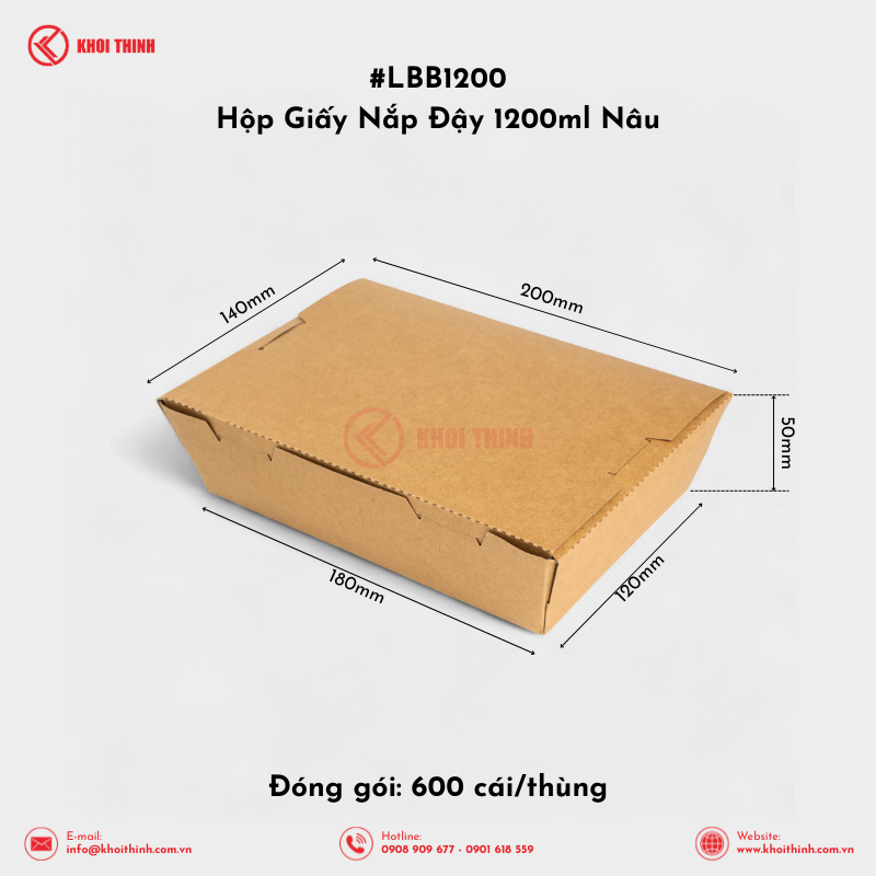  LBB1200 Hộp Giấy Nắp Đậy 1200ml Nâu | Khôi Thịnh 