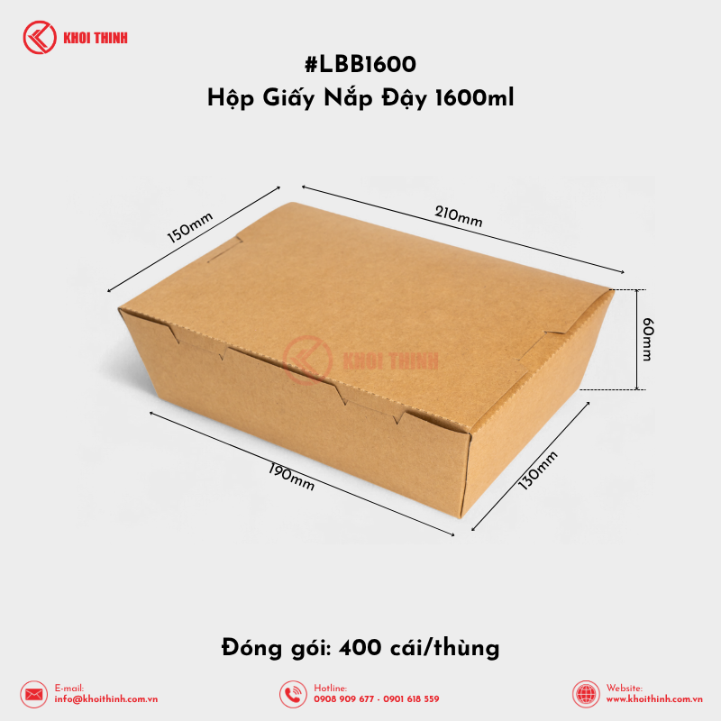  LBB1600 Hộp Giấy Nắp Đậy 1600ml Nâu | Khôi Thịnh 