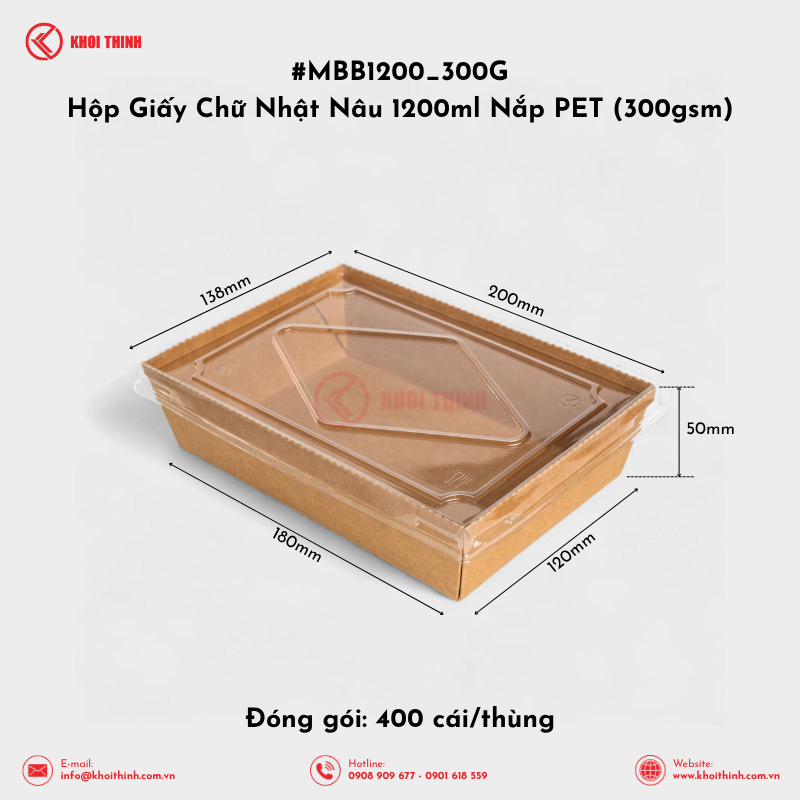  MBB1200_300G Hộp Giấy Chữ Nhật Nâu 1200ml Nắp PET (300gsm) | Khôi Thịnh 