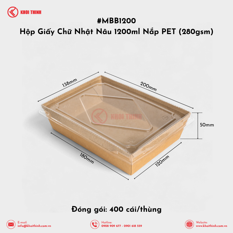  MBB1200 Hộp Giấy Chữ Nhật Nâu 1200ml Nắp PET (280gsm) | Khôi Thịnh 