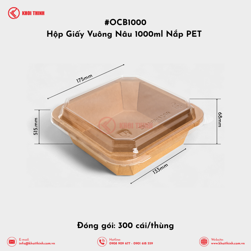  OCB1000 Hộp Giấy Vuông Nâu 1000ml Nắp PET | Khôi Thịnh 
