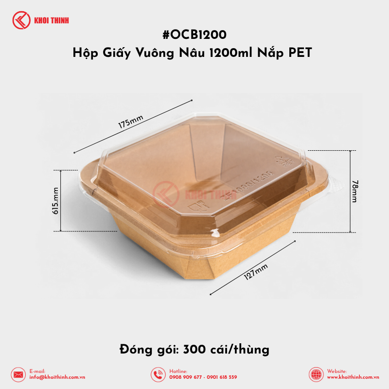  OCB1200 Hộp Giấy Vuông Nâu 1200ml Nắp PET | Khôi Thịnh 