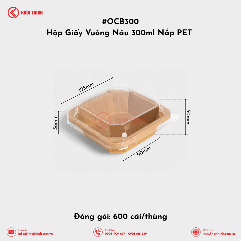  OCB300 Hộp Giấy Vuông Nâu 300ml Nắp PET | Khôi Thịnh 