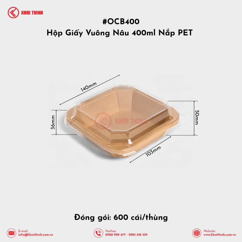  OCB400 Hộp Giấy Vuông Nâu 400ml Nắp PET | Khôi Thịnh 