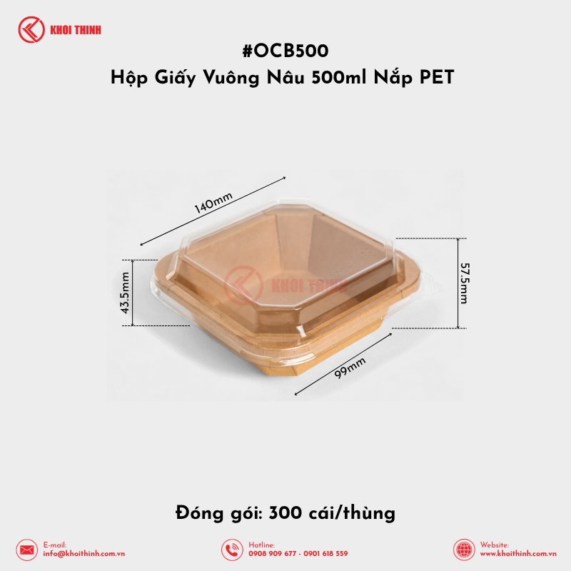  OCB500 Hộp Giấy Vuông Nâu 500ml Nắp PET | Khôi Thịnh 